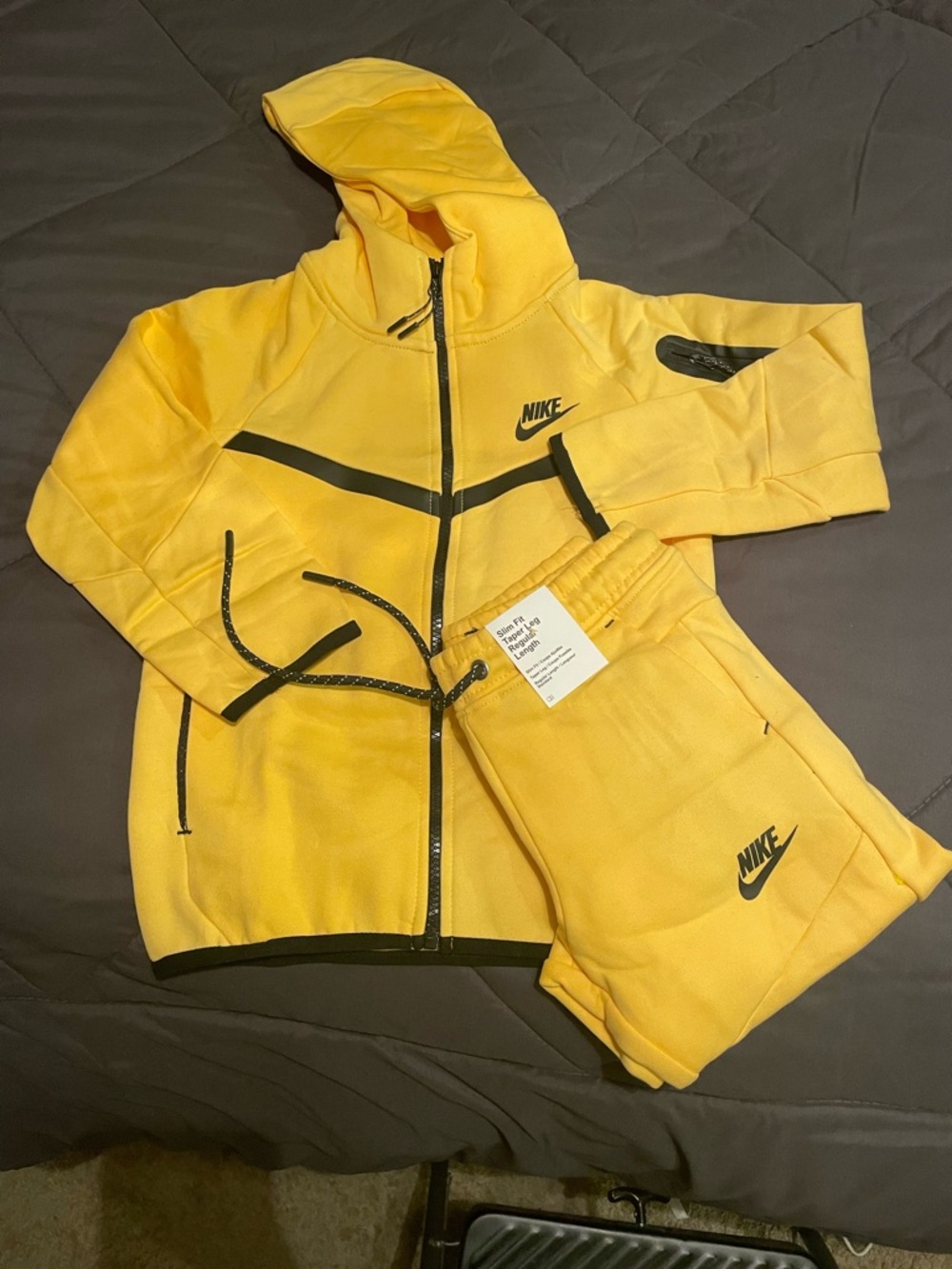 Kids Nike Tech Yellow Zip-Up Hoodie & Joggers Set with Black Accents